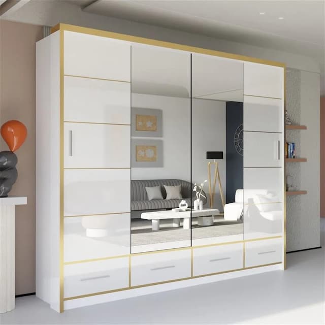 Sydney II High Gloss Wardrobe White & Gold 203cm
