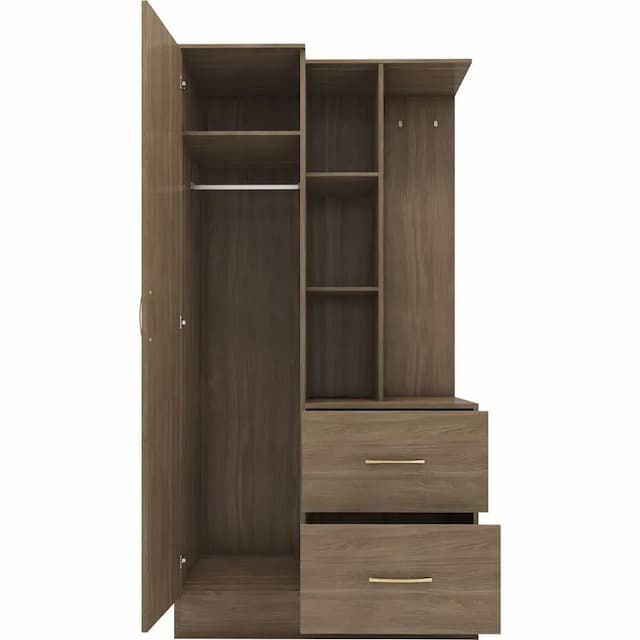Thurso Open Shelf Mirrored Door Wardrobe Rustic Oak Effect
