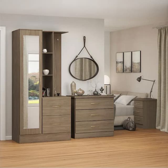 Thurso Open Shelf Mirrored Door Wardrobe Rustic Oak Effect